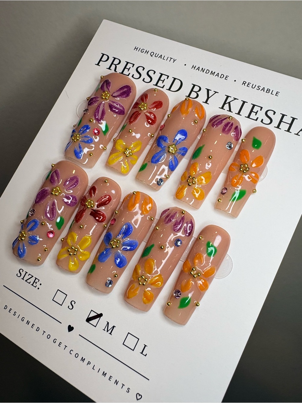 Handmade Floral Press-On Nails with Multicolor 3D Flowers